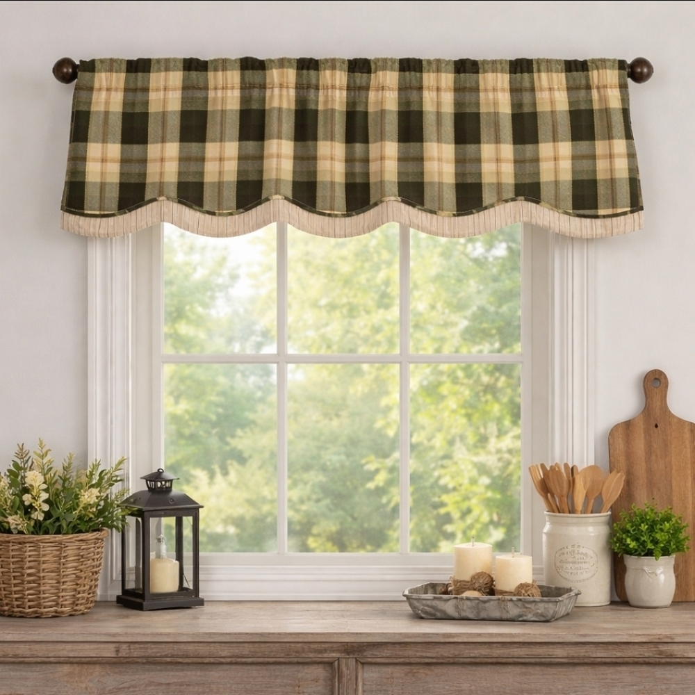 Park Designs NWT Plaid Valance 72x16 Olive Green Tan Black Scallop Trim